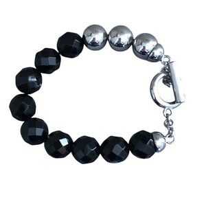 Silver Chrome & Jet Black Bead Bracelet Retro Vibe Chunky NEW